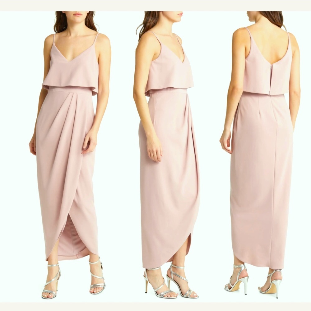 NEW $168 XSCAPE [ size 4‎ ] Scuba Crepe Popover Faux Wrap Gown in Pink